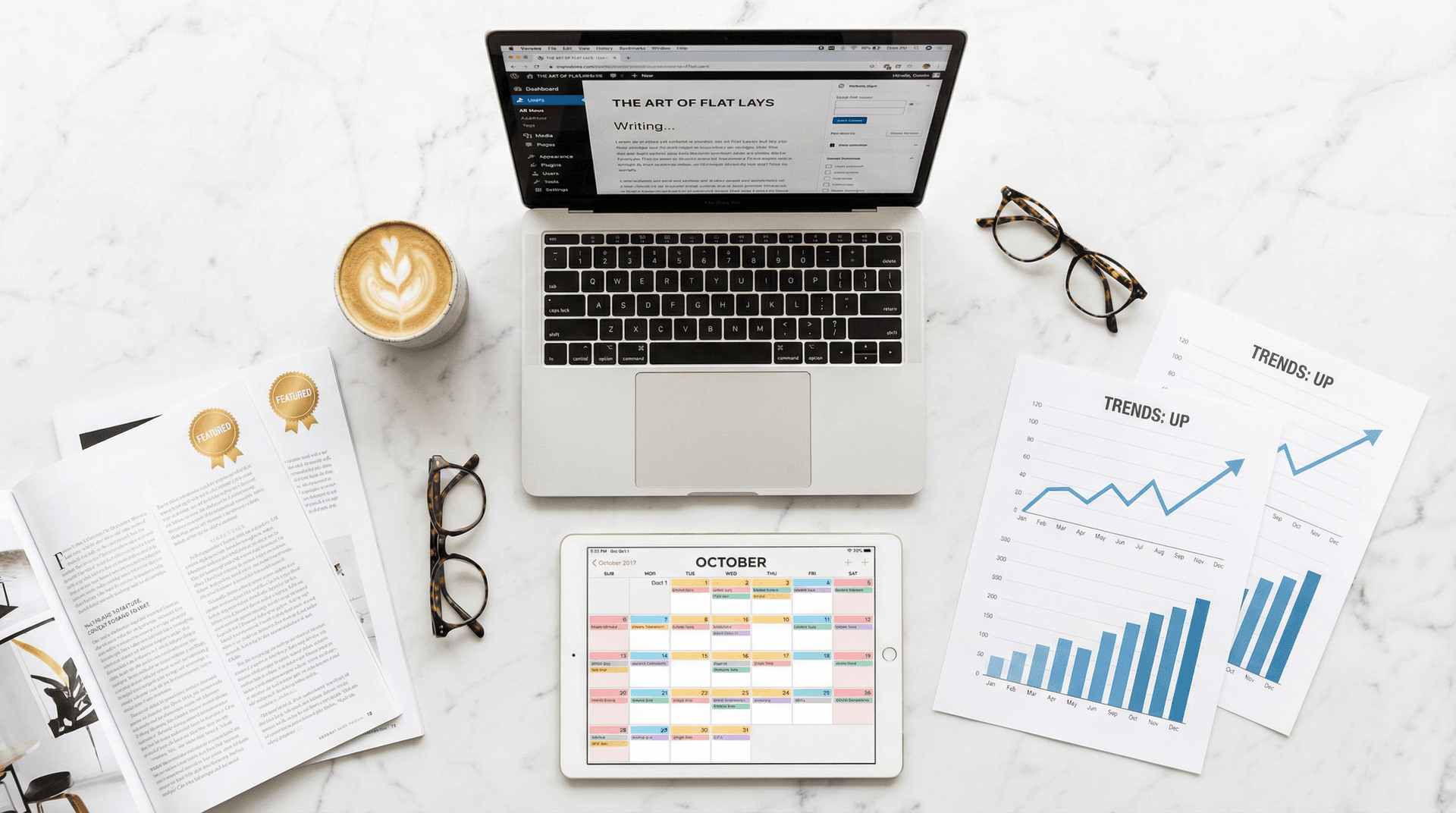 Content strategy workspace showing editorial calendar, analytics reports, and marketing materials