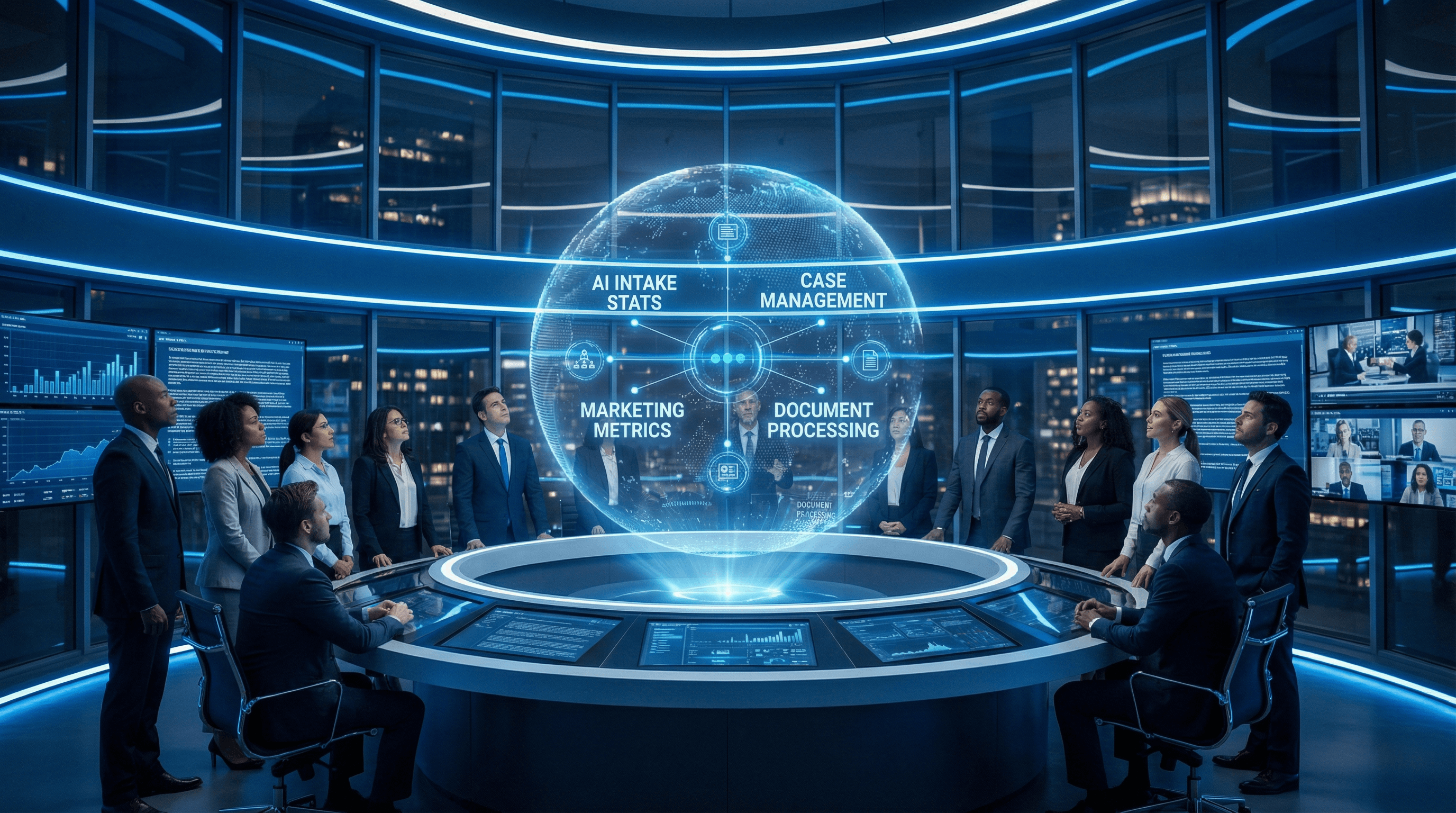 Futuristic law firm command center with AI-powered dashboard