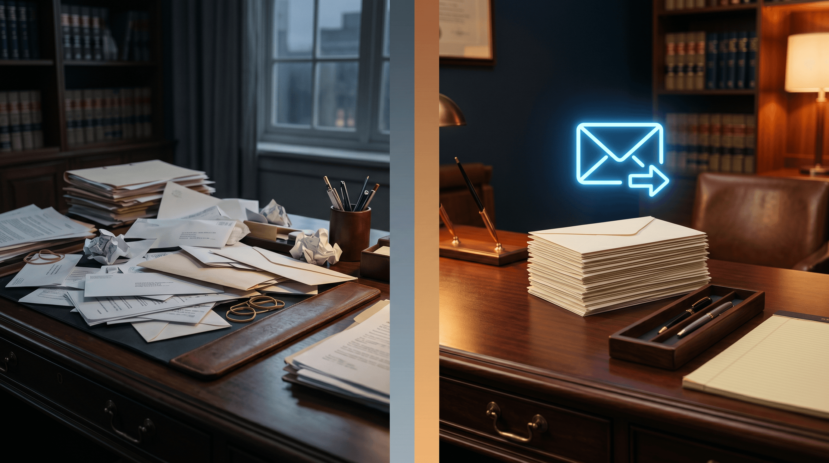 Email chaos before vs unified Gmail with branded .com email after