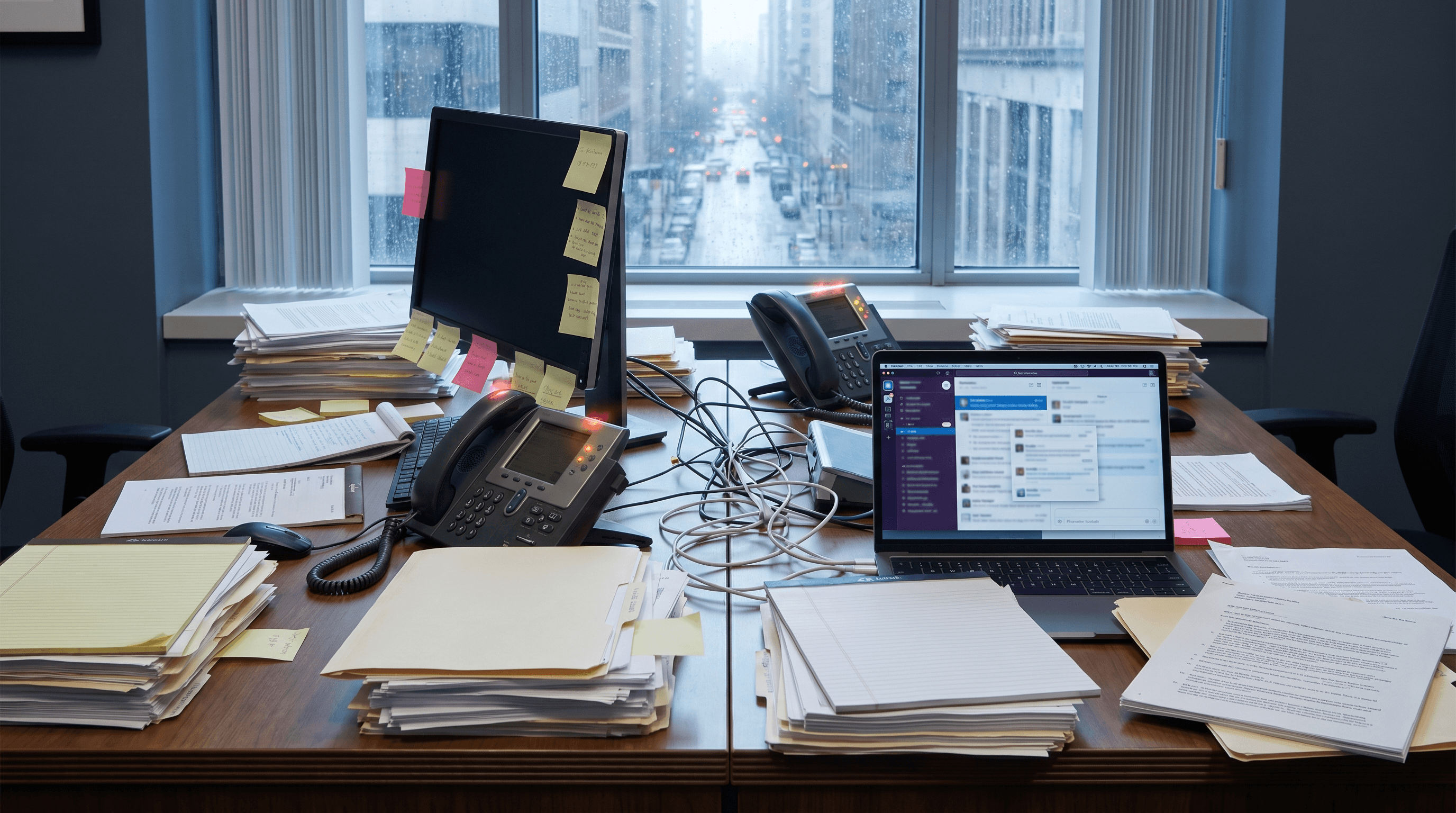 Cluttered law firm desk overwhelmed with paper, sticky notes, and communication chaos