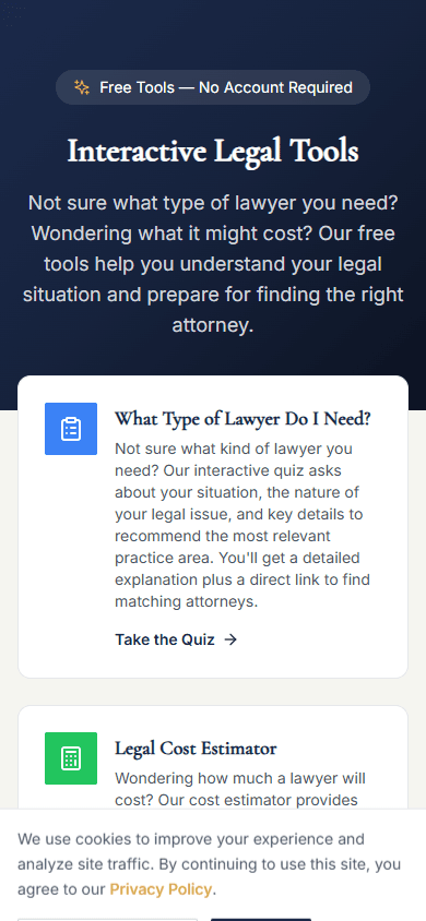Law Firm Directory actual mobile website screenshot