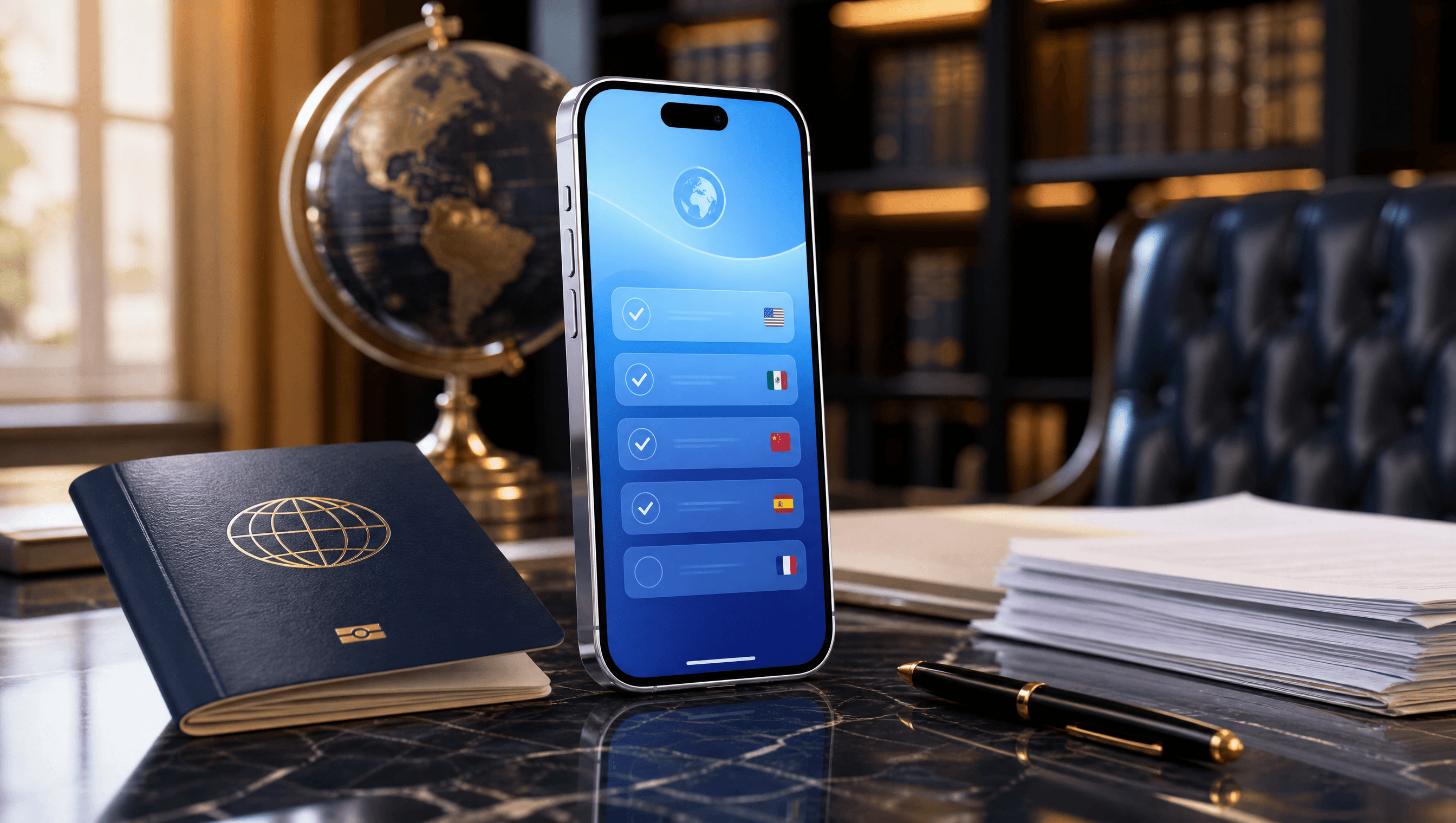 Branded mobile app for an immigration law firm shown on an iPhone